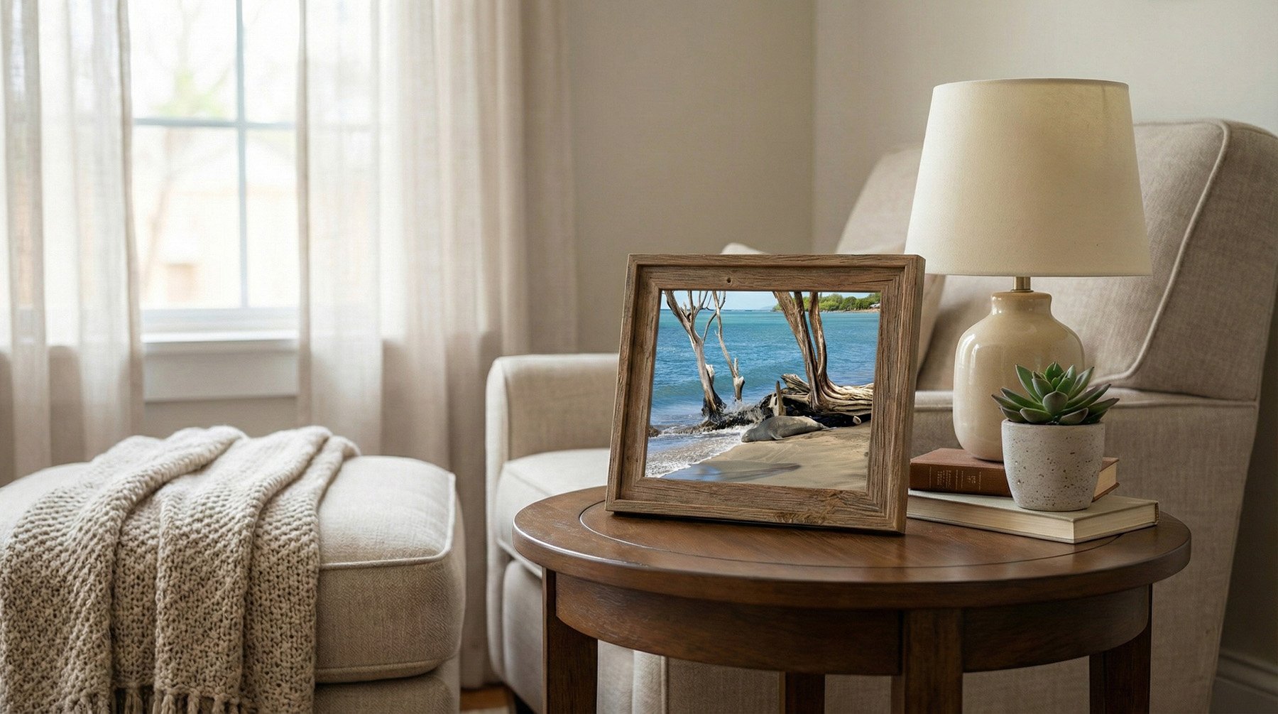 Small framed photograph on coffee table of Hawaiian Monk Seal on West Maui beach resting near driftwood