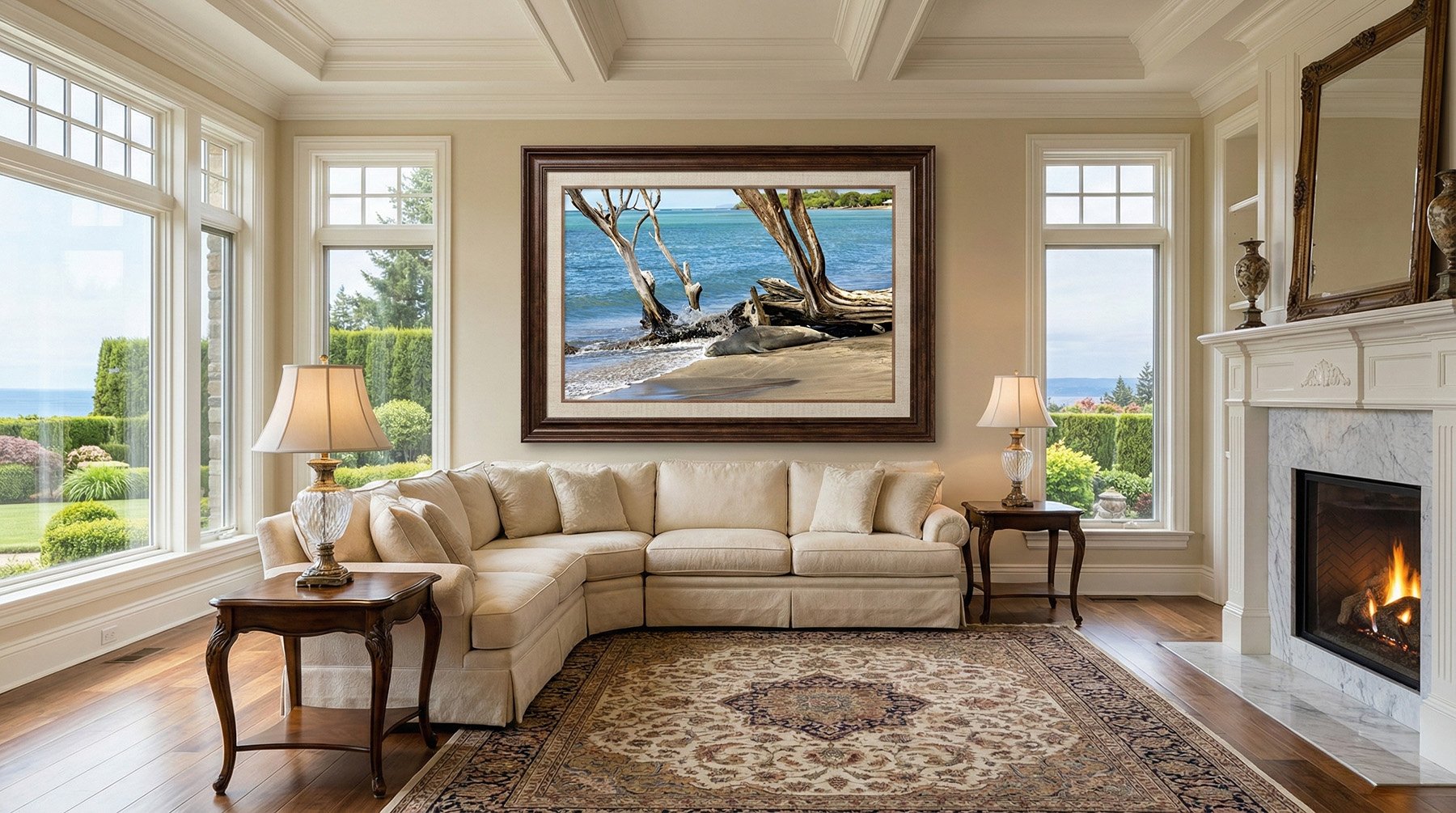 Large framed photograph of a Hawaiian Monk Seal on West Maui beach resting near driftwood in an upscale home