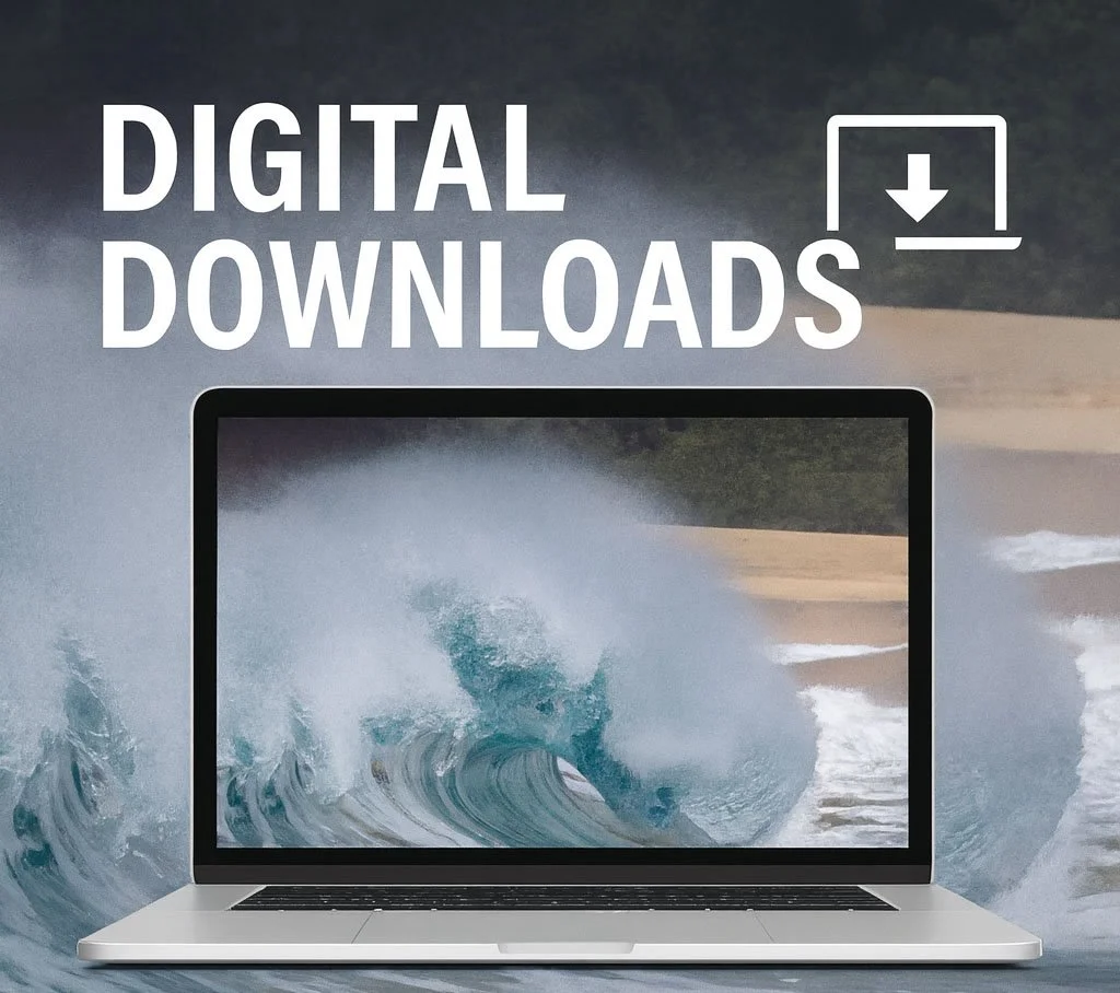 A laptop displaying a surfing scene with waves, overlaid with text 'Digital Downloads' and a download icon.