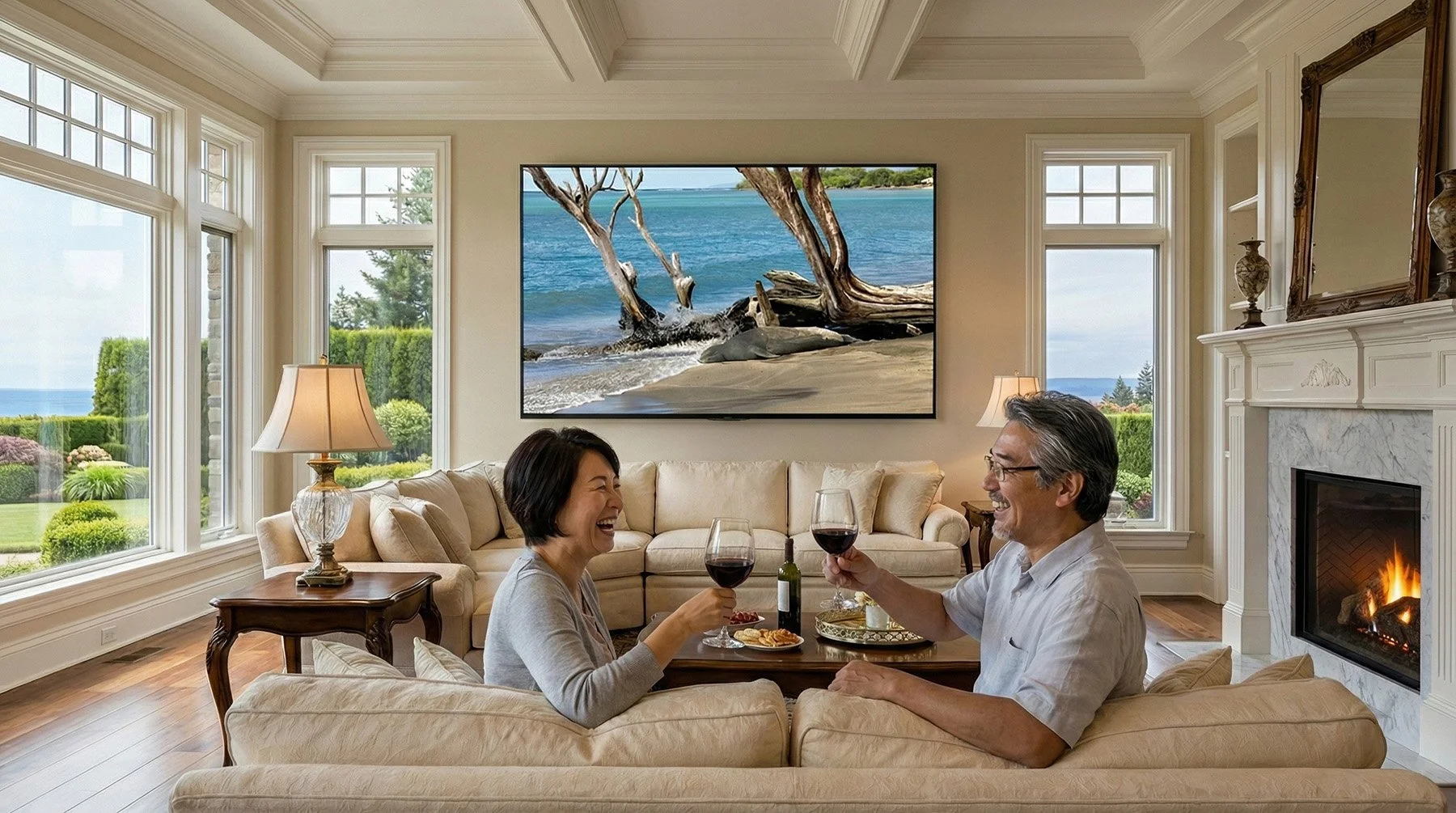 Large TV screen in home showing image of Hawaiian Monk Seal on West Maui beach resting near driftwood while two people drink wine