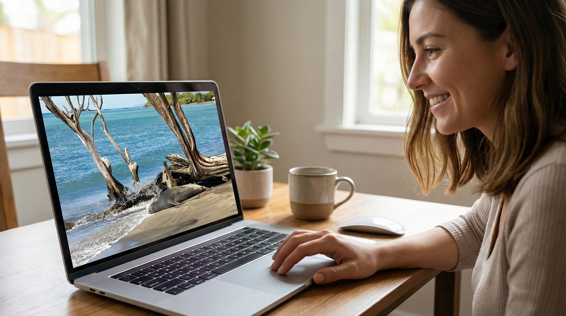 Woman looking at laptop with wall paper displaying a Hawaiian Monk Seal on West Maui beach resting near driftwood
