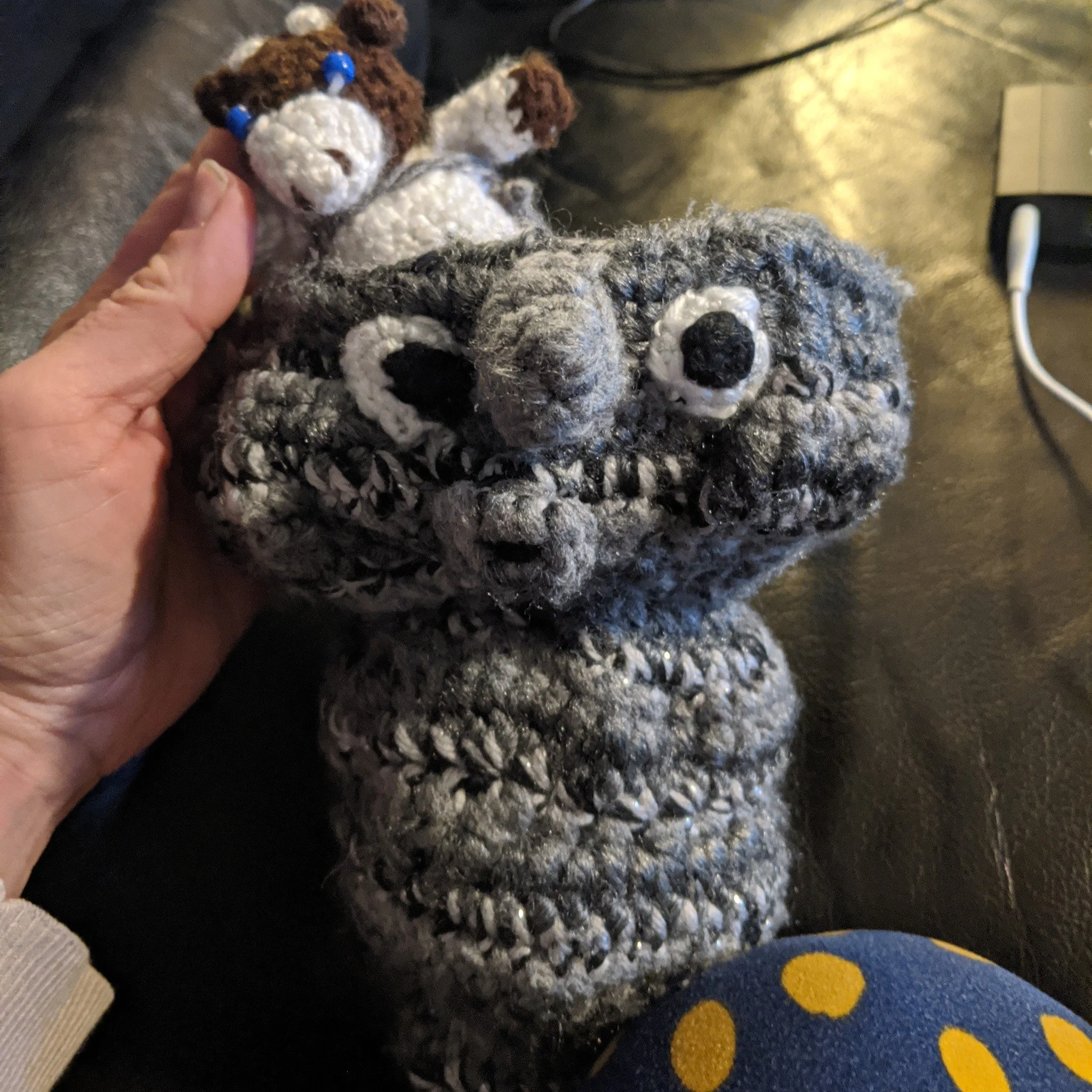 A kid I knew asked for a stuffed animal tornado, which is something I had never seen before. He also told me the thing he loved about tornadoes is that they always have a cow in them. I just had to make it. #twister #tinycowinatornado #crochet