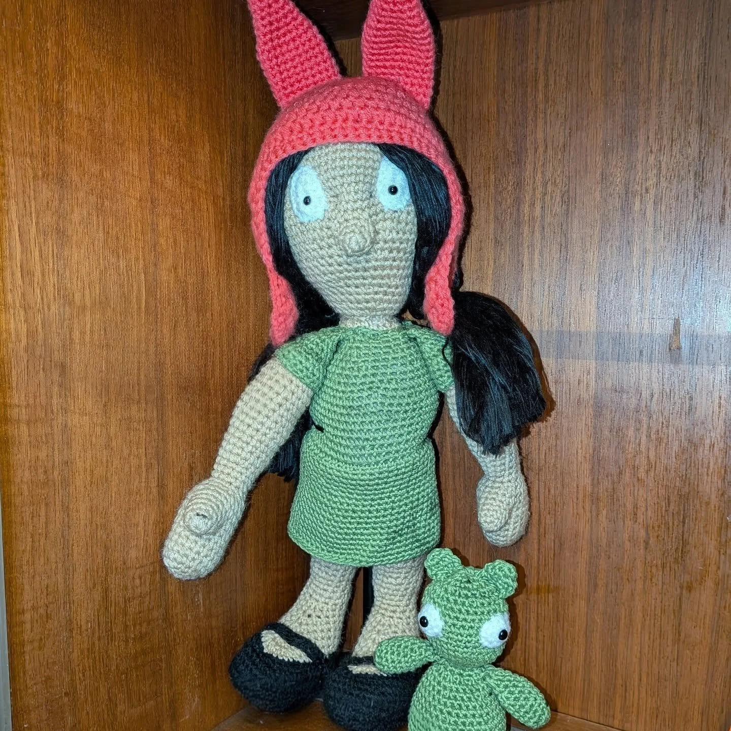 My project this week. I wanted to try a new technique for yarn hair, which I would not recommend, but it photographs better than it holds together, so here we are. #bobsburgers #louis #amigurumi