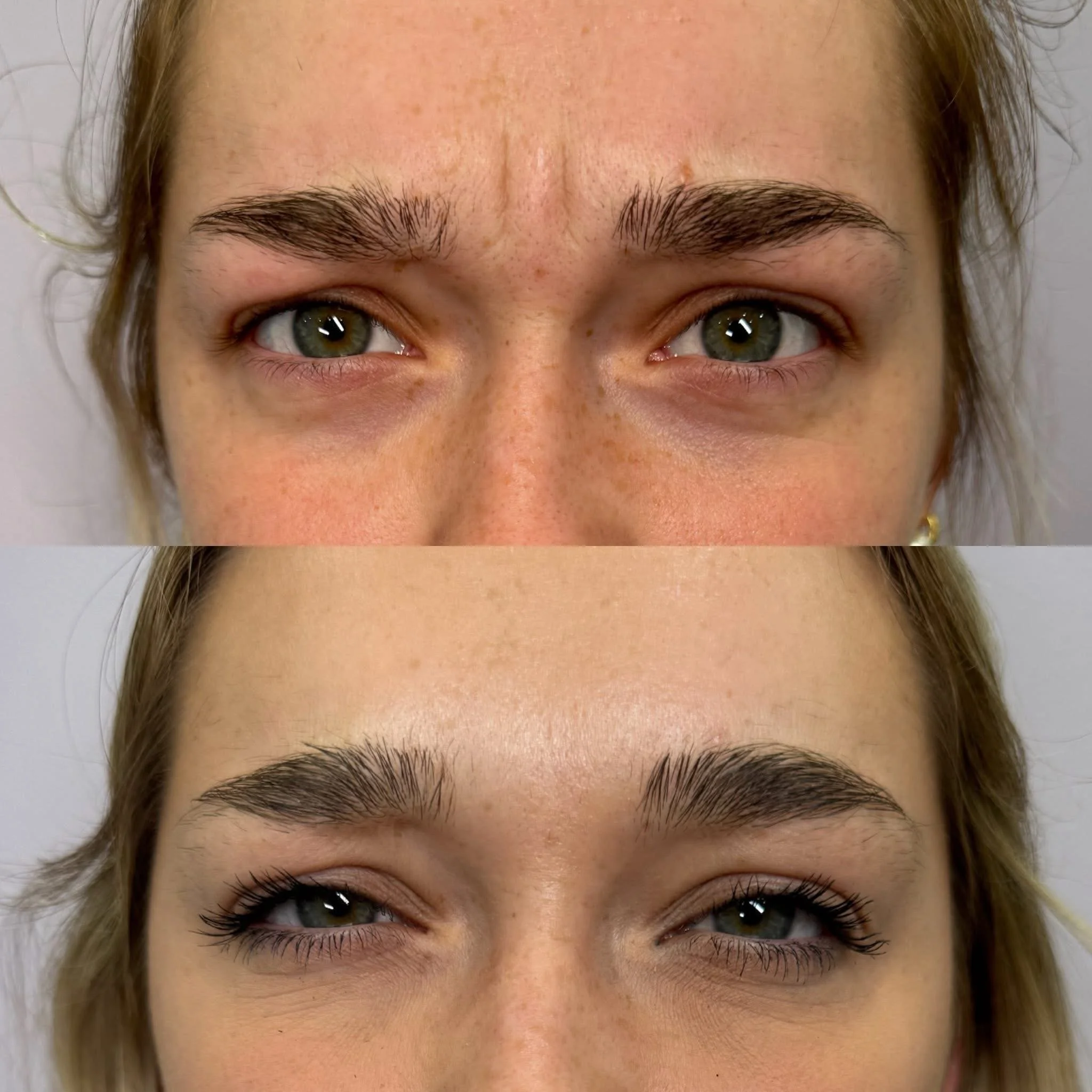 Before and after images showing a woman's eyebrows, with the 'after' image displaying groomed and shaped eyebrows with makeup.