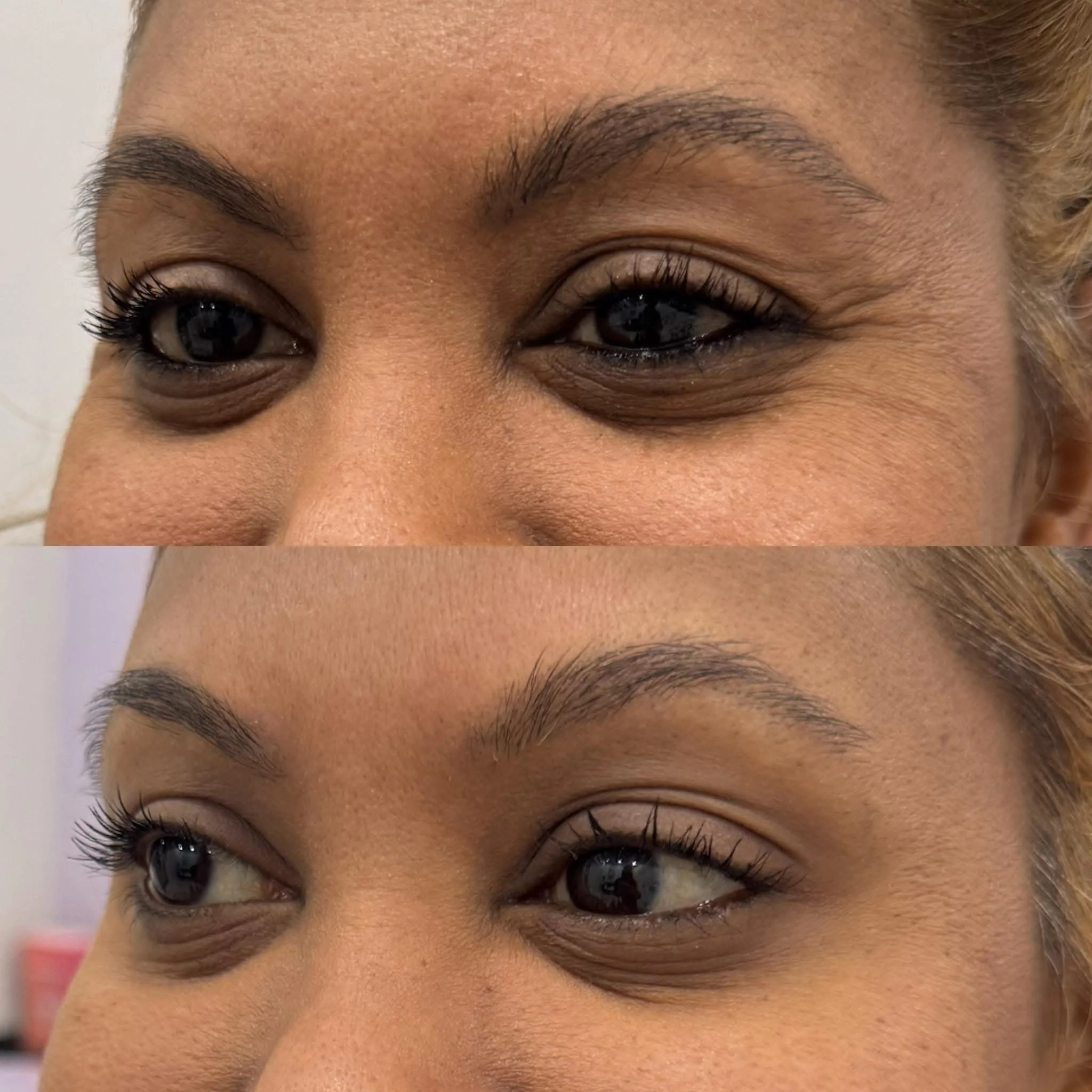 Close-up of a woman's face showing her eyes, with one eye having makeup applied in the top image and no makeup in the bottom image.