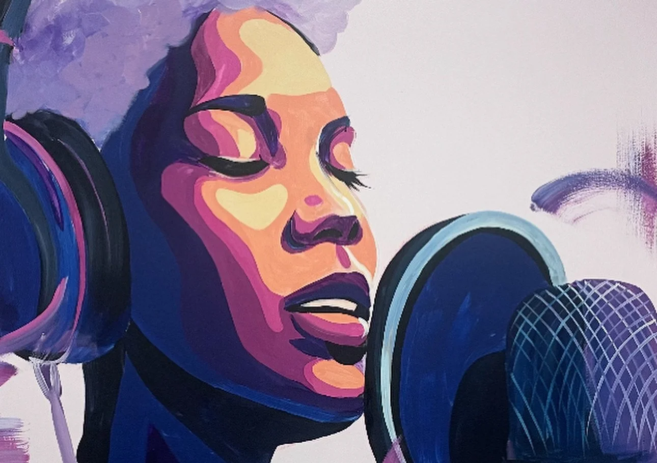 A colorful painting of a woman singing into a microphone, with headphones on, in an abstract style using vibrant shades of purple, pink, yellow, and blue.