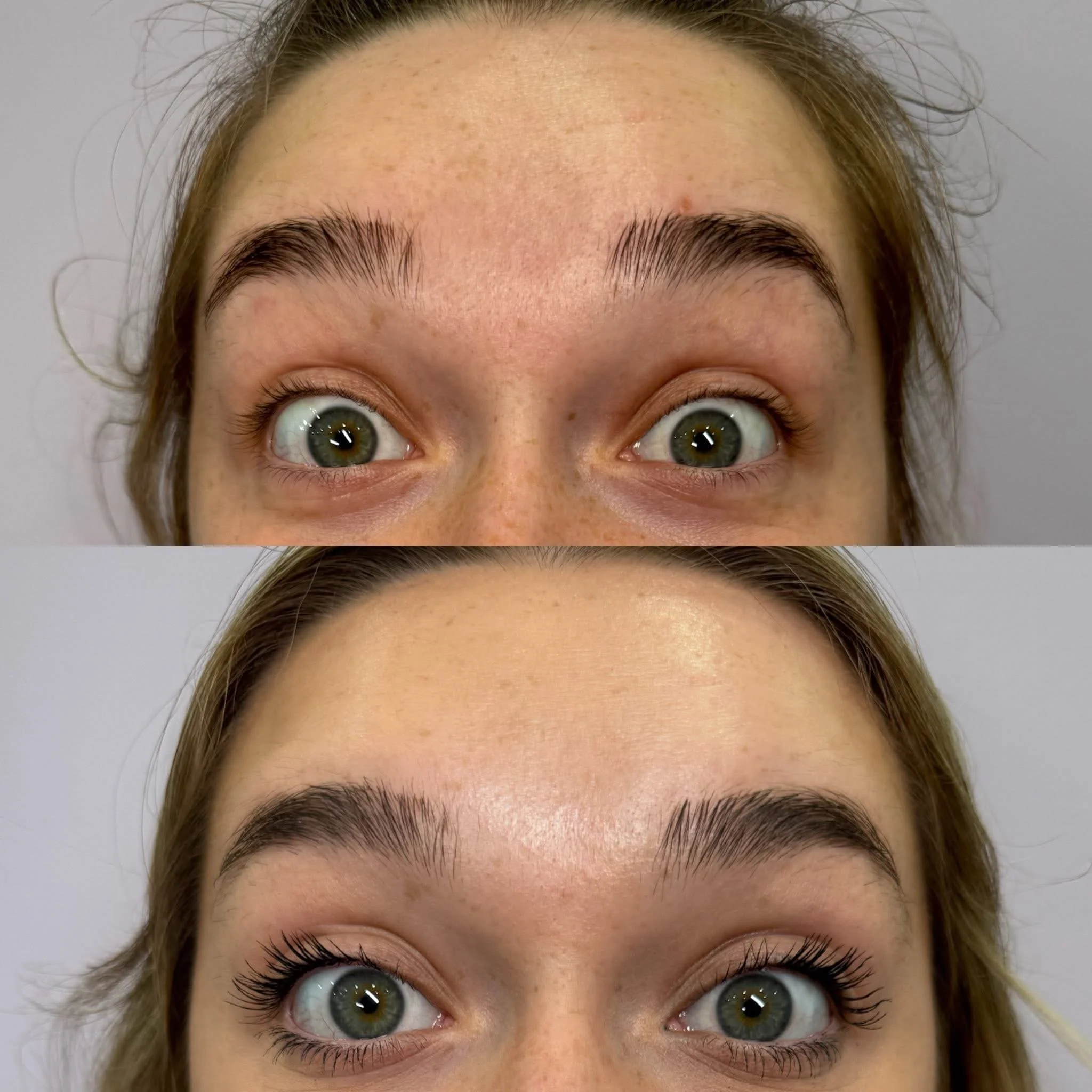 Close-up of a woman's face showing before and after eyebrow grooming, with the top part depicting sparse eyebrows and the bottom part showing fuller, well-shaped eyebrows.