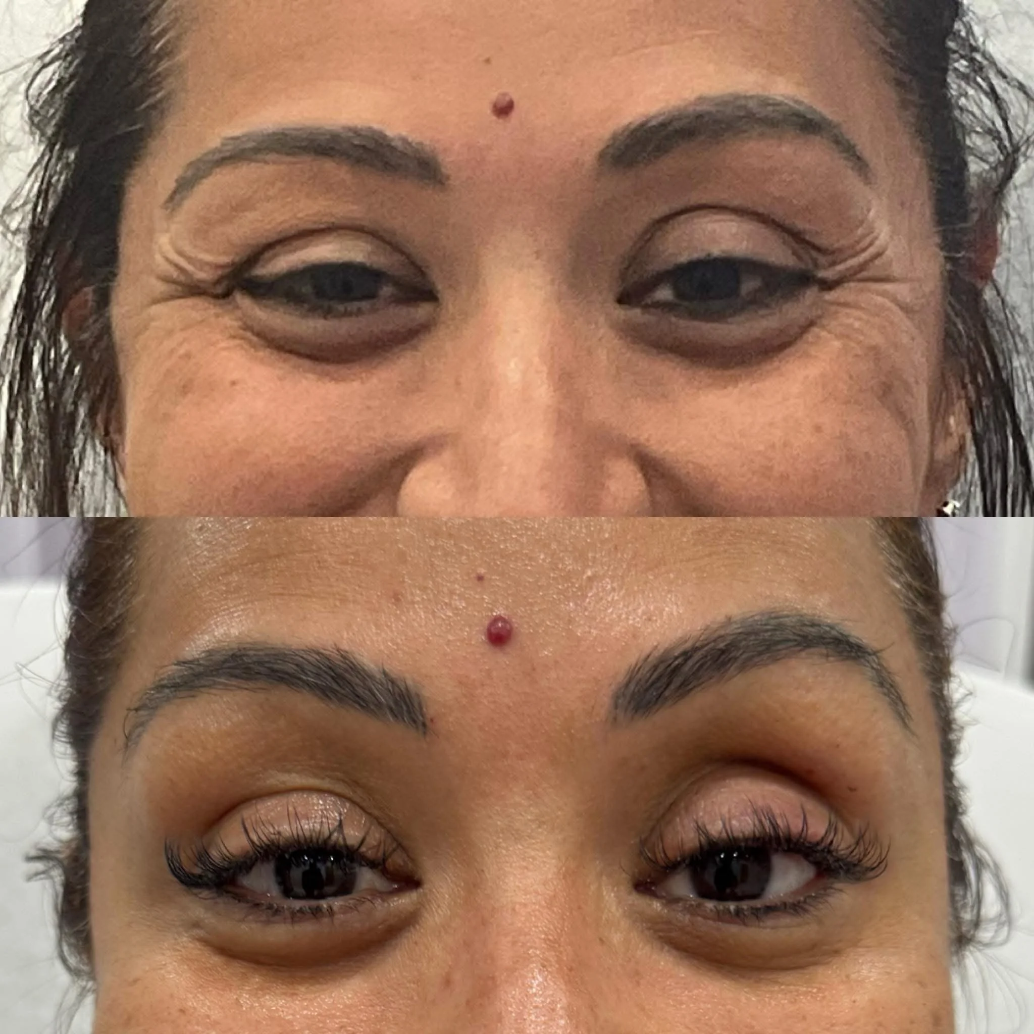 Comparison of a woman's face before and after eyelash extension treatment, showing fuller, darker, and longer eyelashes in the after photo.