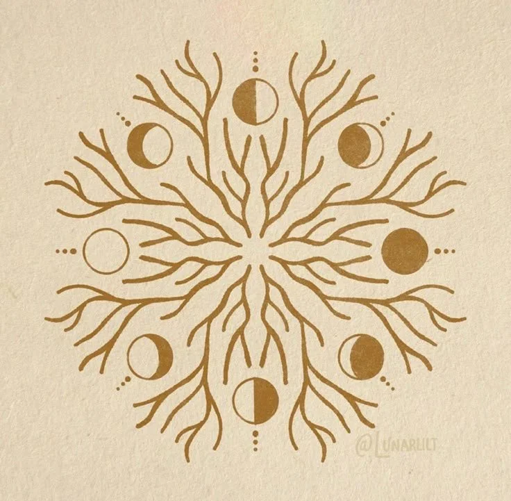 A symmetrical design featuring a central tree with swirling branches, decorated with moon phases in gold and white, arranged in a circular pattern.