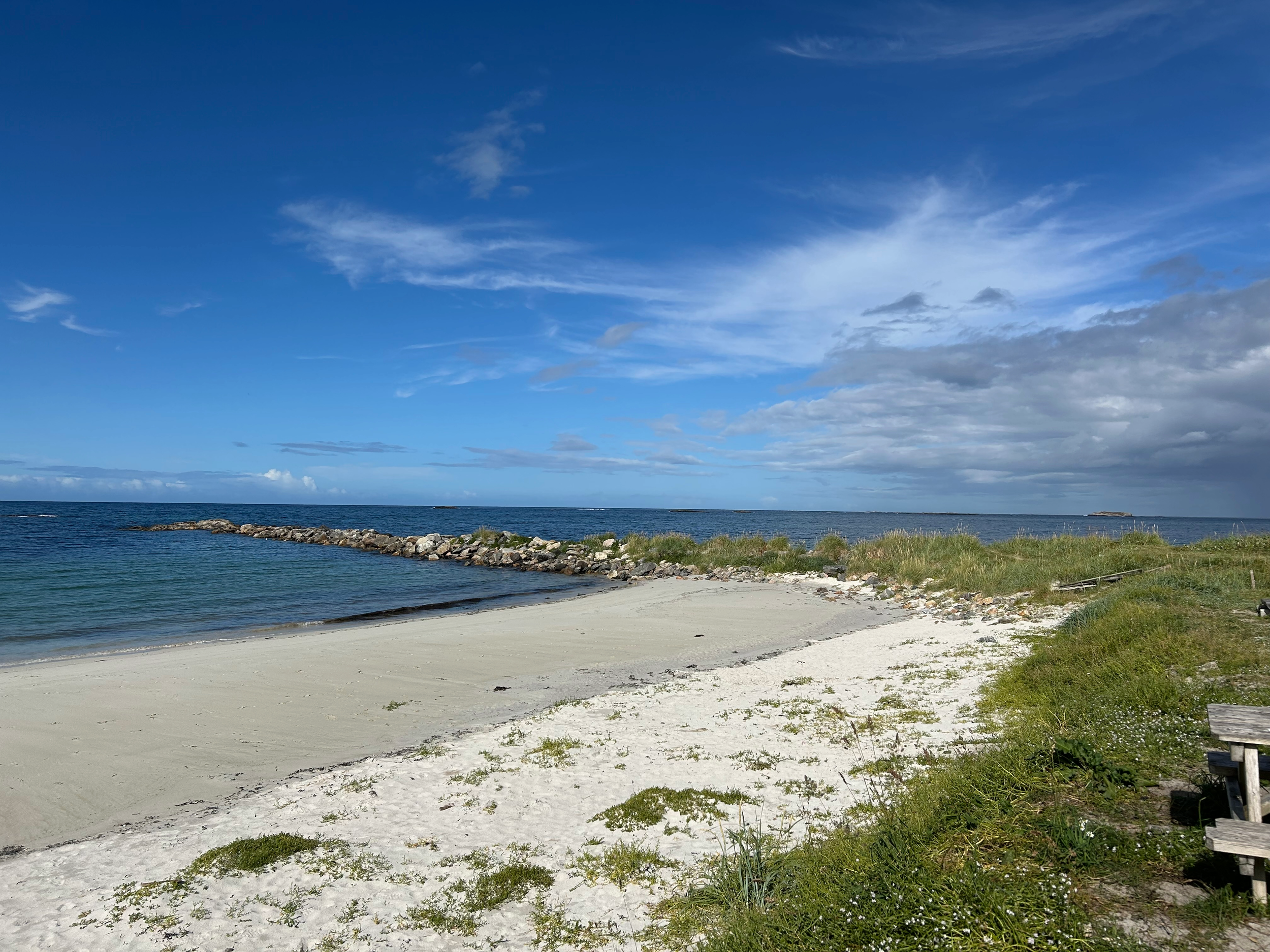 A sandy beach with patches of grass, a stone jetty extending into the ocean, and a partly cloudy blue sky.