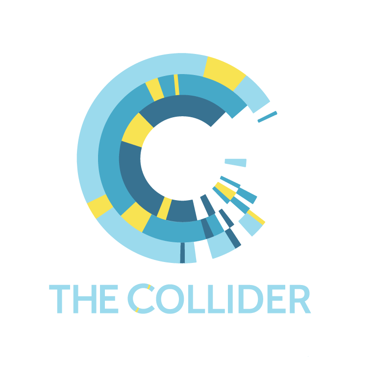 A colorful circular chart with the title 'The Collider' below it, featuring shades of blue, yellow, and black on a black background.