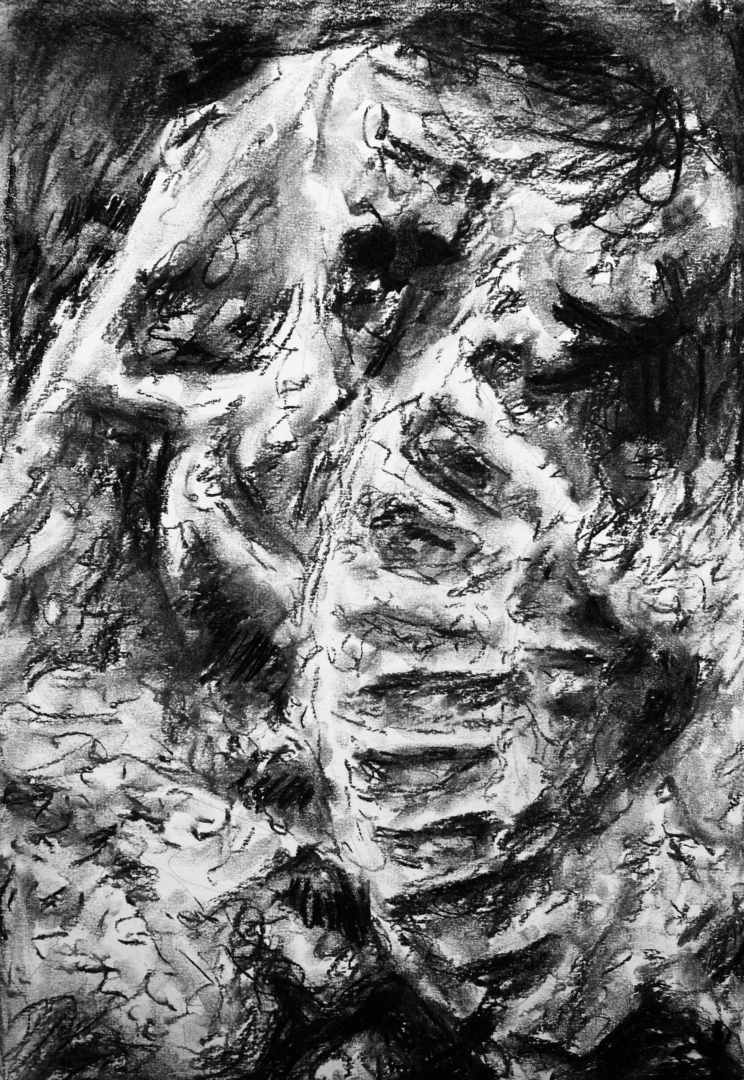 'Piece l', Charcoal on paper, 100 x 60 cm, 2023