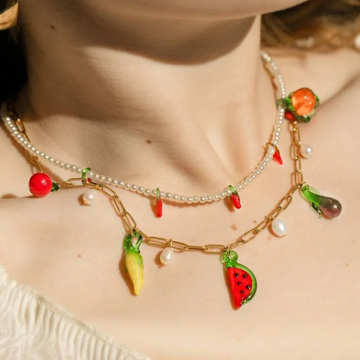 Chilli Pearl And Fruit Charm Necklace Set Of Two.jpeg