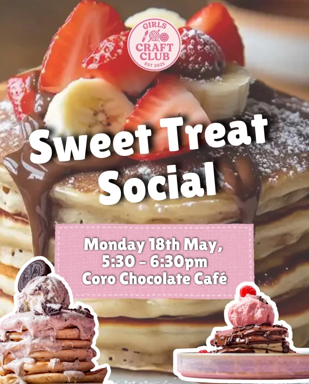 📍 Coro Chocolate Caf&eacute;
📅 Monday 18th May
⏰ 5:30 &ndash; 6:30pm

Join us for a sweet and creative afternoon at Coro Chocolate Caf&eacute;, where you&rsquo;ll get to decorate your very own pancakes or waffles (vegan &amp; gluten-free options in