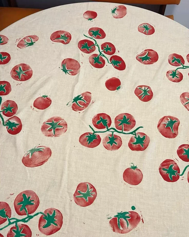 Hand stamped tomato fabric 🍅.webp