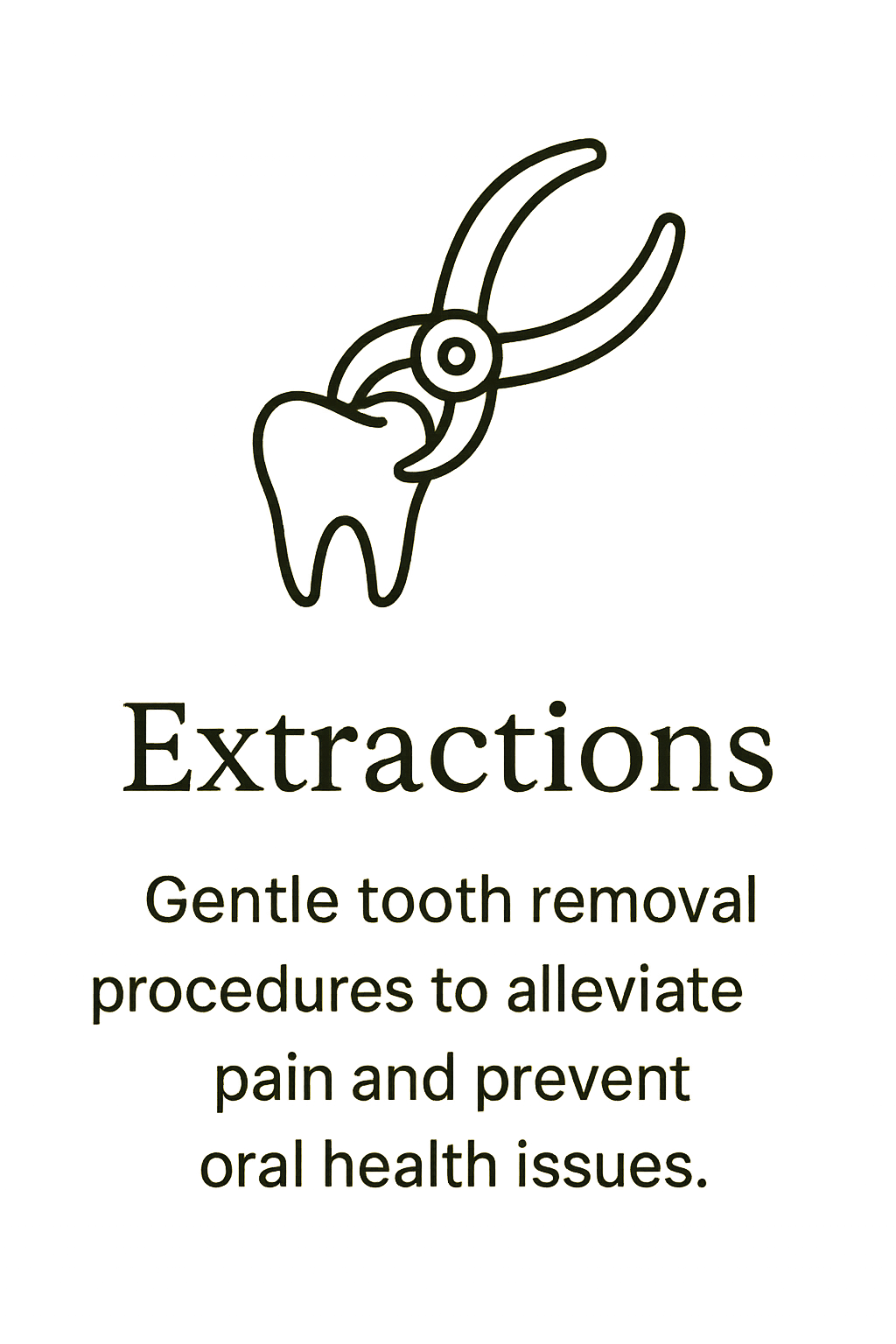 A icon of a tooth with dental forceps and the word 'Extractions'. Below, it says 'Gentle tooth removal procedures to alleviate pain and prevent oral health issues'.