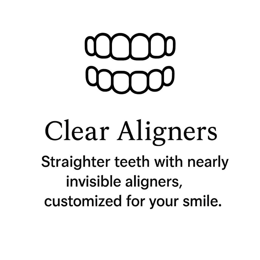 Icon of straight teeth and text offering clear aligners to have straighter teeth with nearly invisible, customized aligners.