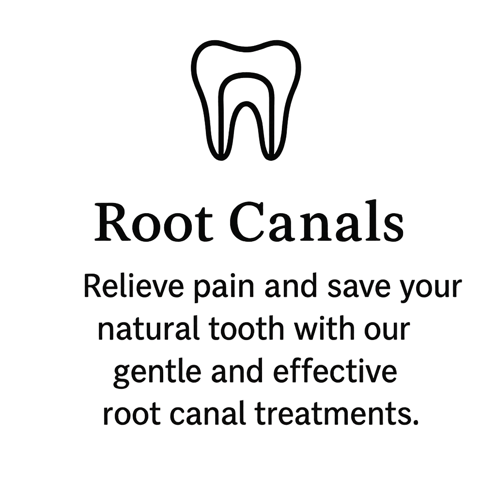Icon of a minimalistic tooth and description of a root canal treatments that relieve pain and save natural teeth.