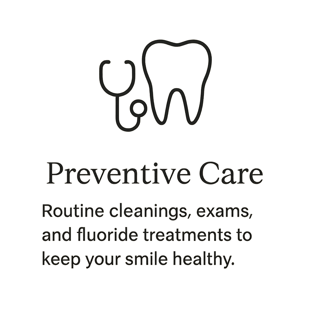 Icon of a tooth and stethoscope, promoting preventive dental care with routine cleanings, exams, and fluoride treatments to maintain a healthy smile.