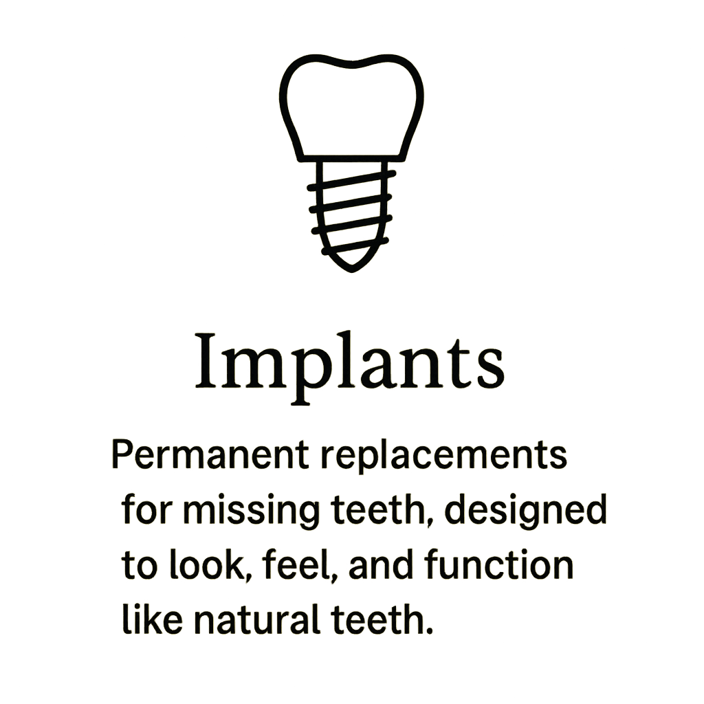Icon of a dental implant tooth and a description about dental implants, stating they are permanent replacements for missing teeth designed to look, feel, and function like natural teeth.