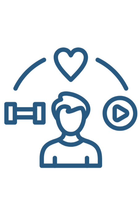 Line drawing of a person surrounded by a heart, dumbbell, and play button, representing health, fitness, and lifestyle nutrition from a registered dietitian in Newcastle Upon Tyne, Northumberland.