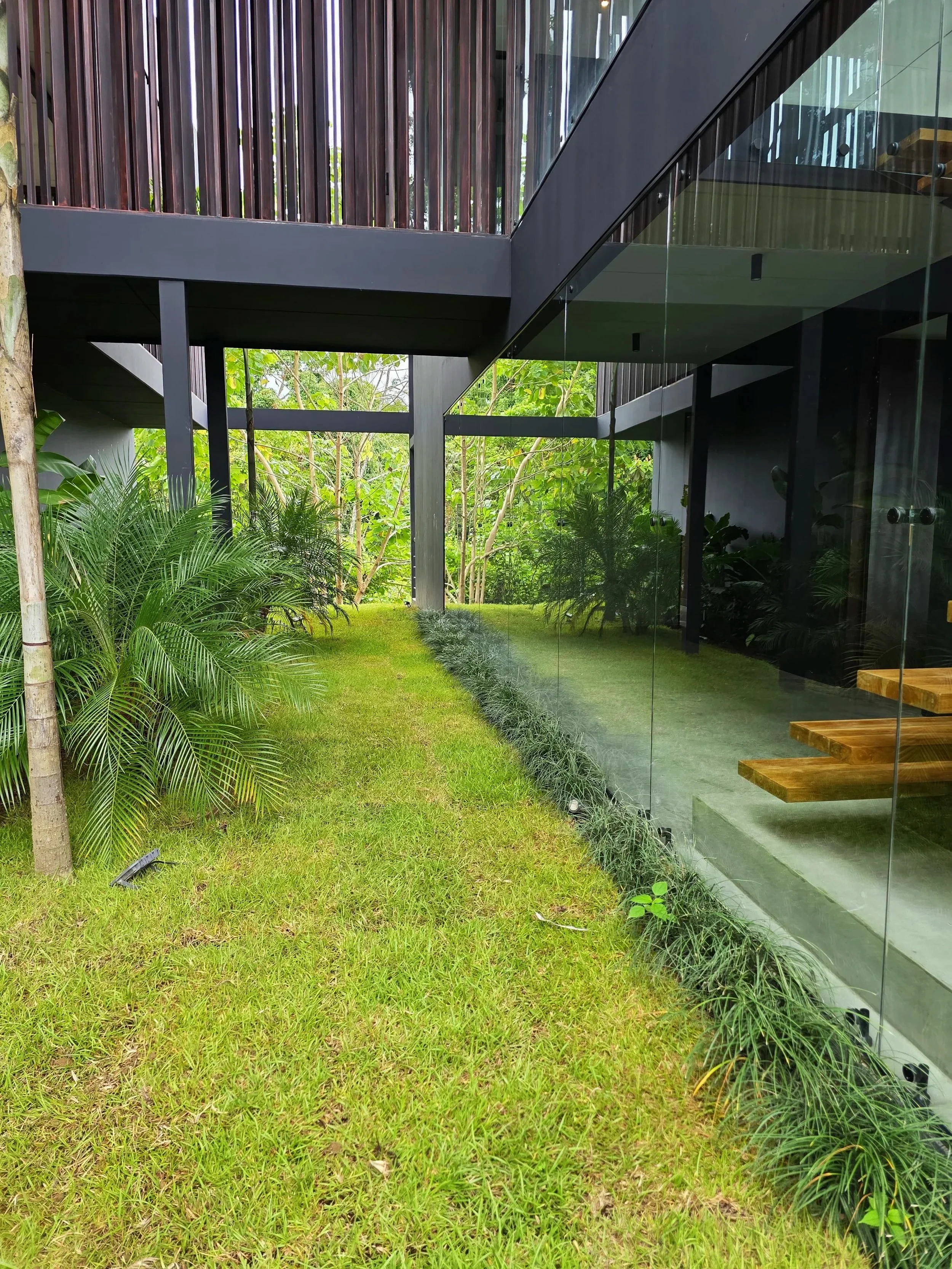 Modern building with glass walls and a grassy garden area with plants and trees.