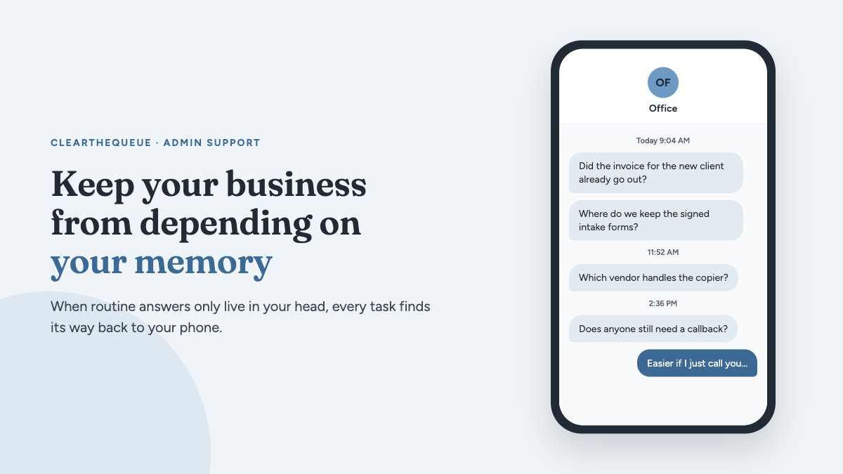 Business owner moving routine knowledge from memory into an organized shared system that team members can access without constant questions.