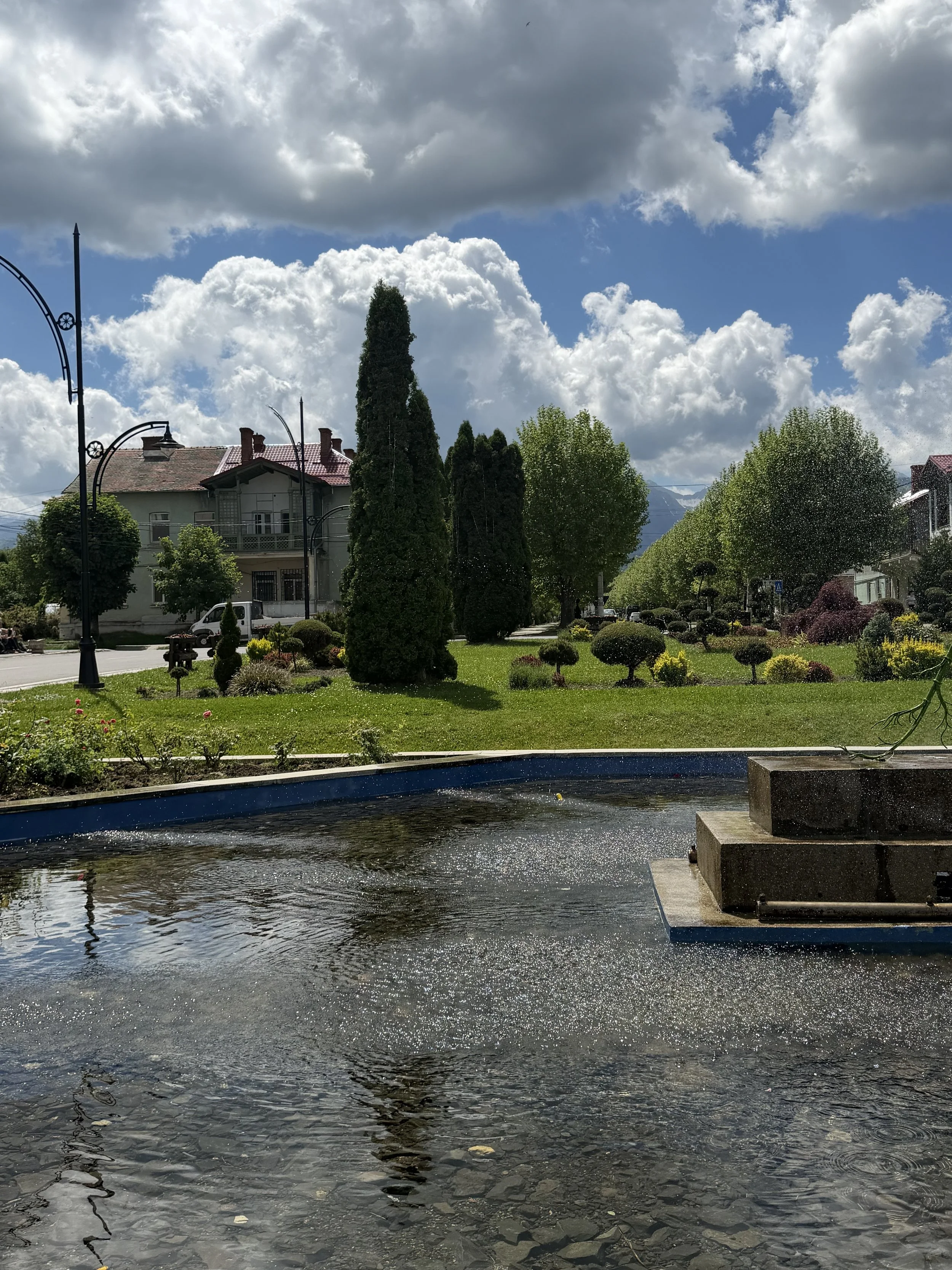 A park with greenery, including trees and bushes, around a small fountain and a pond with clear water. Buildings and a cloudy sky are visible in the background.