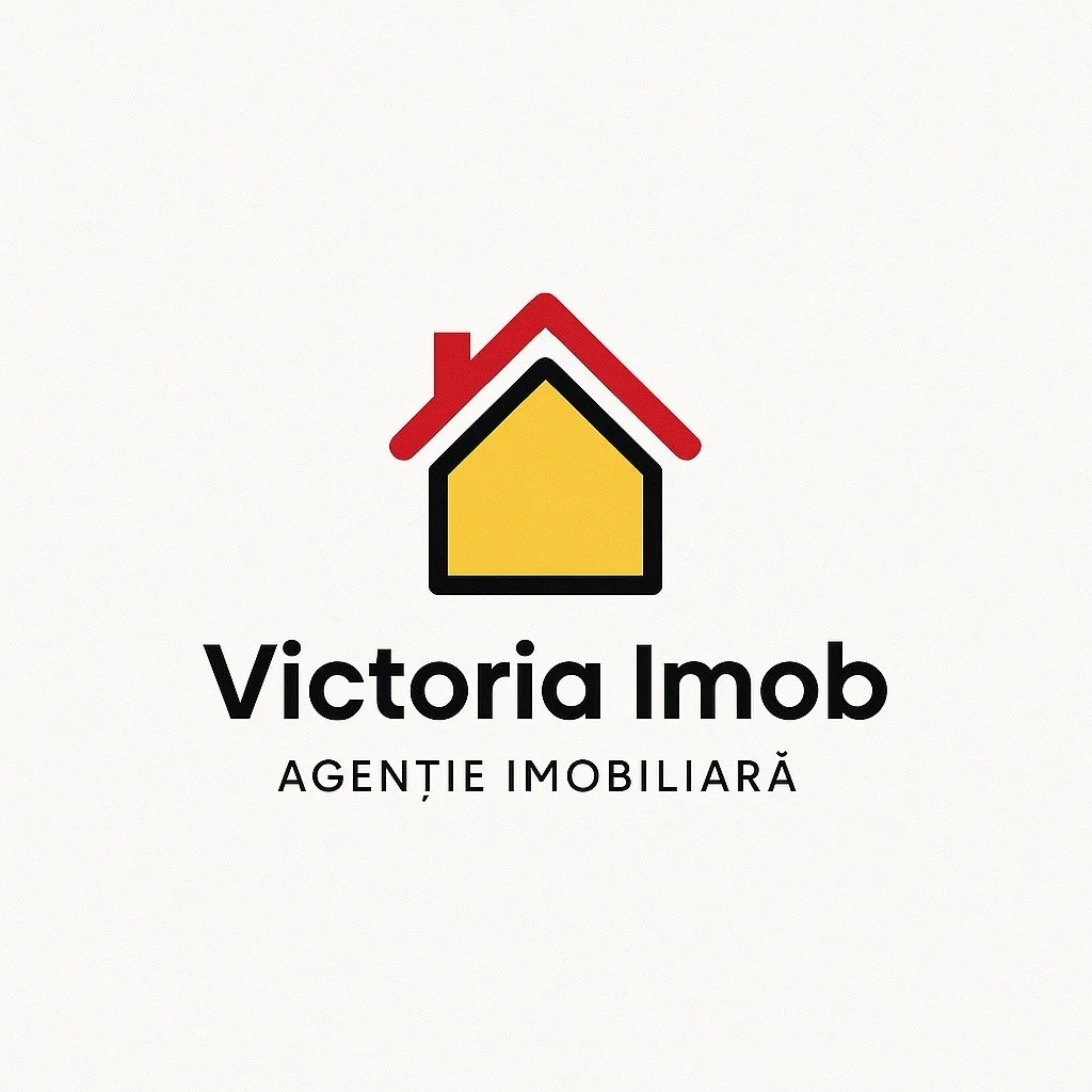 Logo of Victoria Imob real estate agency featuring a house icon with red roof, black outline, and yellow interior, and the text "Victoria Imob AGENTIE IMOBILIARĂ".