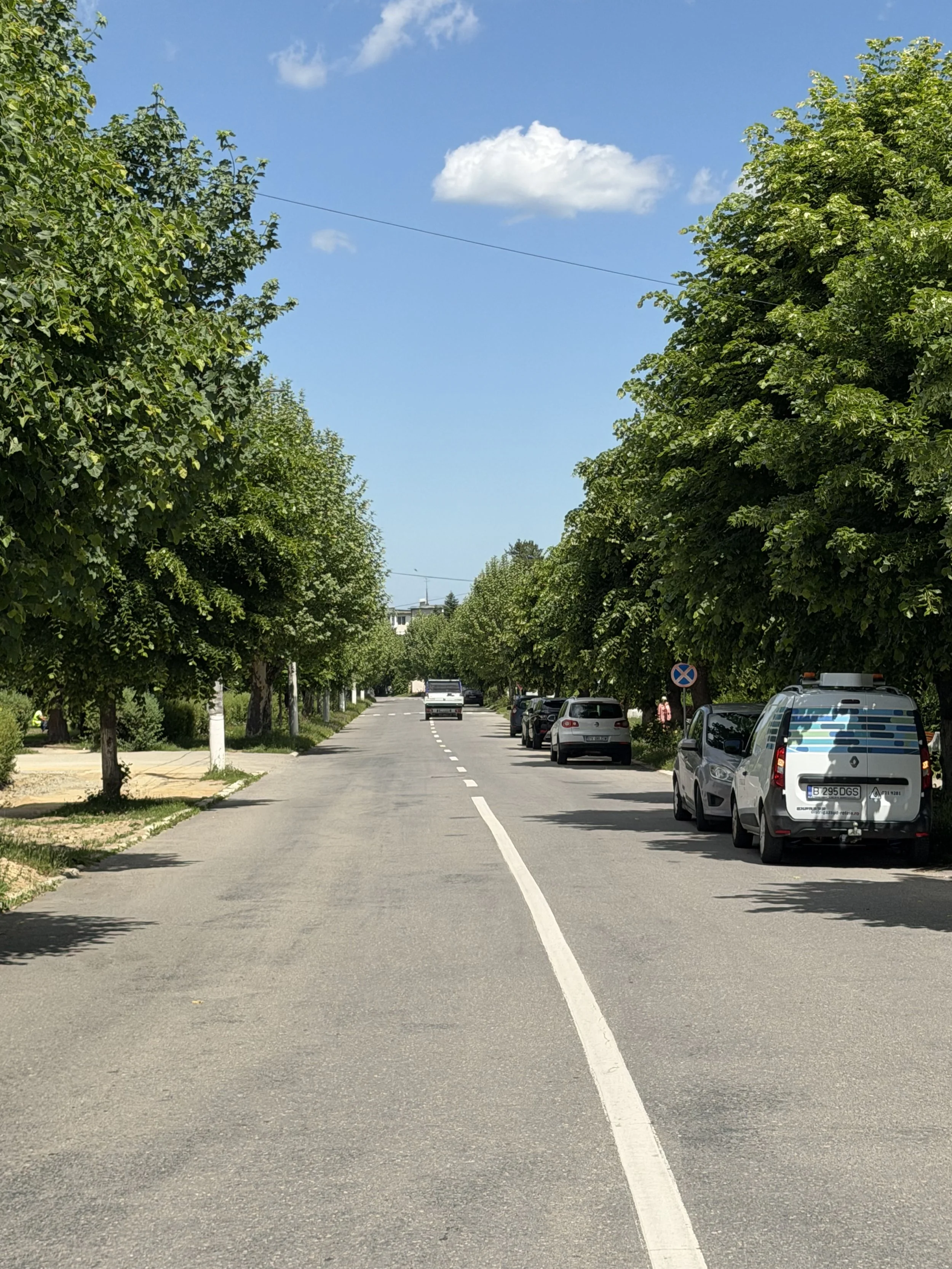 A street lined with green trees on both sides, with cars parked along the right side, a few cars driving, and a bright blue sky with some clouds overhead.