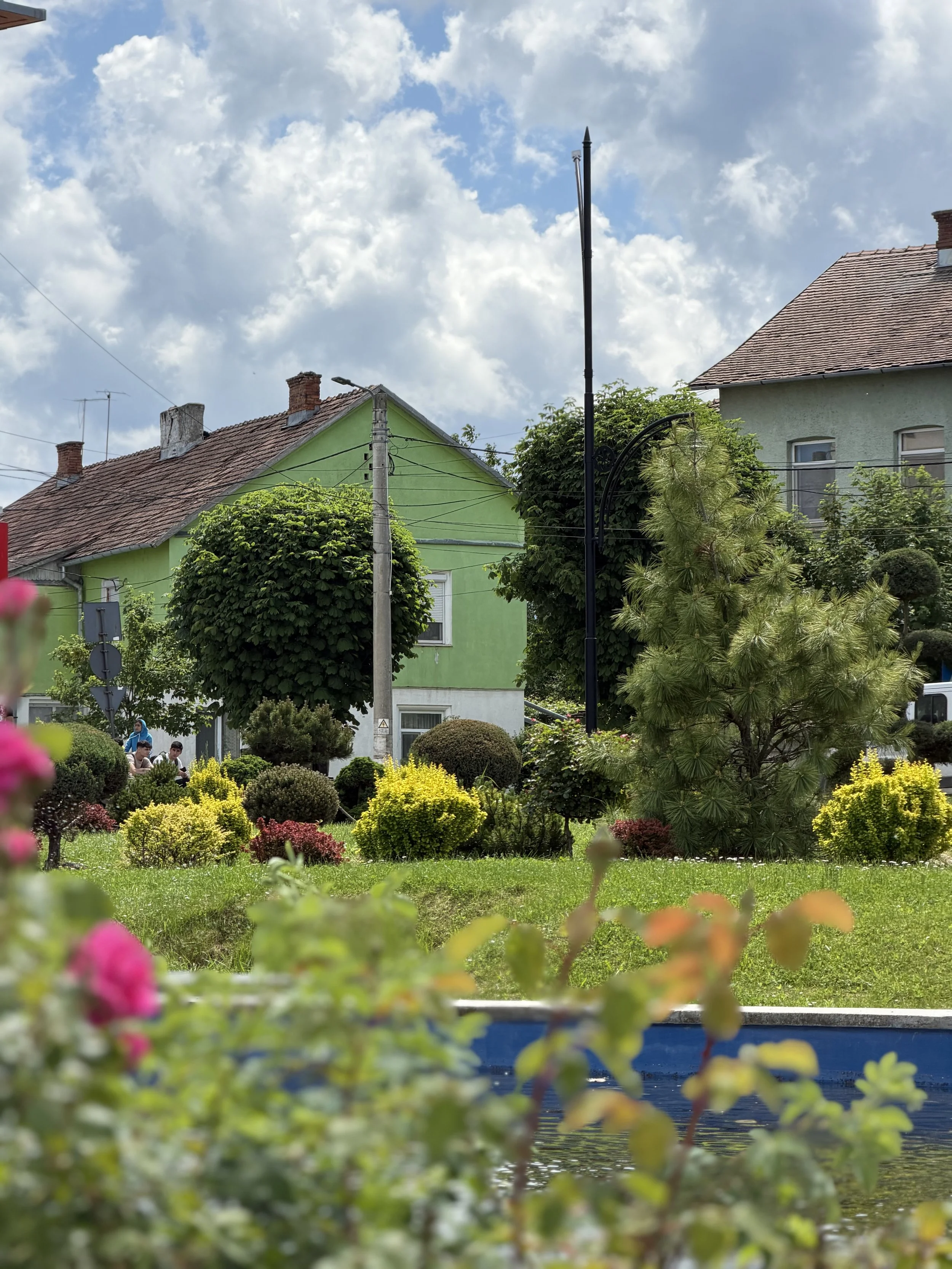 A residential neighborhood with houses, trees, and a small decorative pond or pool in front of a garden with colorful flowers. The sky is mostly cloudy with patches of blue.