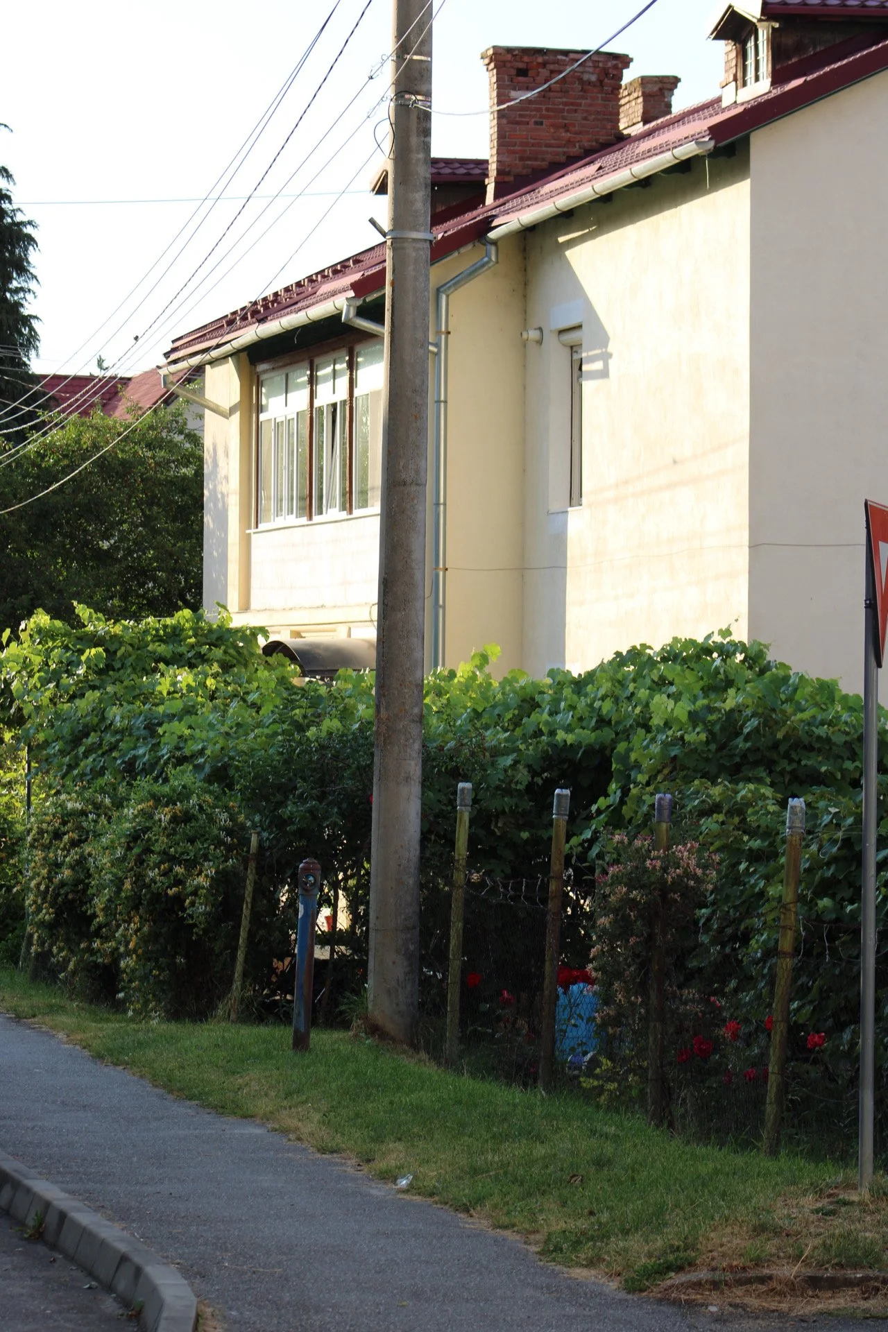A residential street scene showing an apartment building with a red tiled roof and brick chimneys, a power pole with wires, a lush green bush, a fence with flowers, and a sidewalk with a curb.