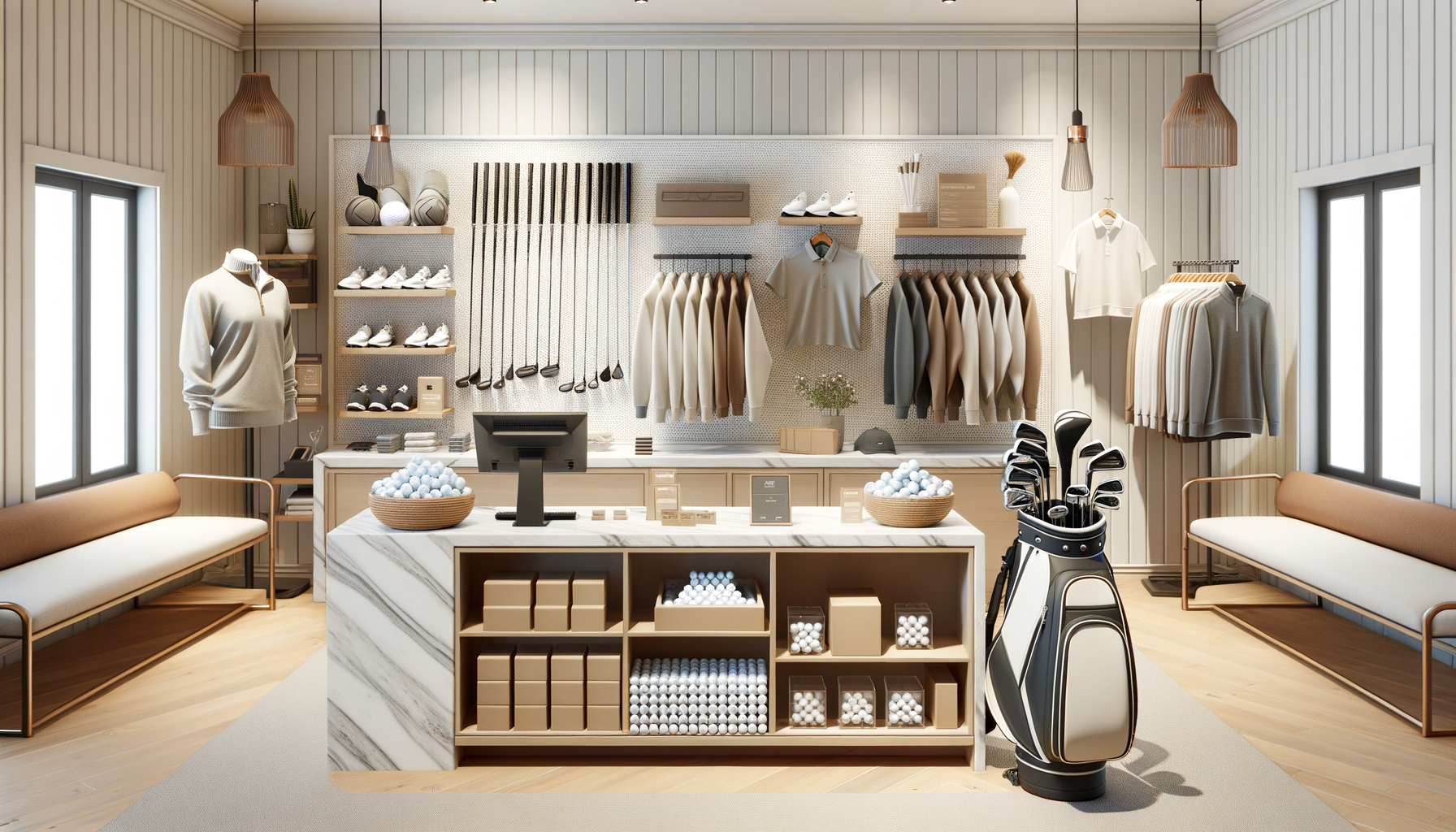 Golf shop interior with golf clubs, golf balls, clothing, and accessories on display, and seating areas on both sides.