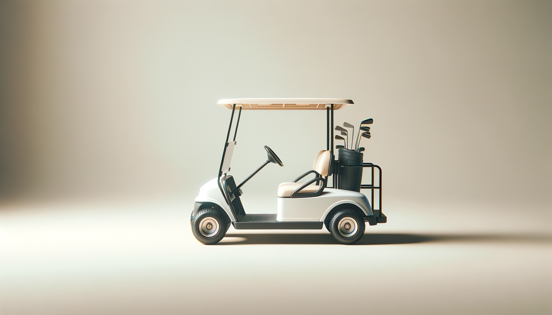 A white electric golf cart with beige seats, black steering wheel, and a roof, carrying a set of golf clubs in a black bag, on a plain beige background.