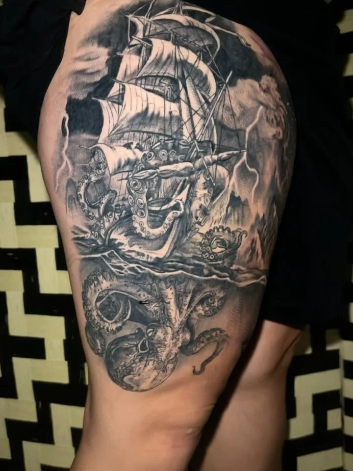 WIP 
This project has been so much fun! I LOVE big black and grey. I really want to push myself with larger scale projects! Bring me a leg, arm, back, chest, whatever! Let&rsquo;s do something big and badass.
Thanks always for the trust, Alex! 
.
Boo