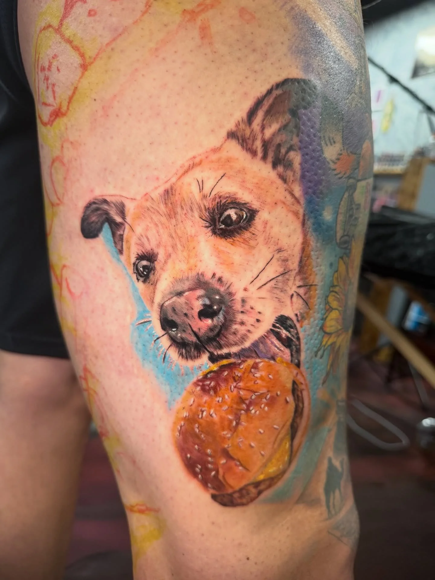 Unbelievably fun pet portrait addition to Sascha&rsquo;s leg. Thanks always for the trust, my friend! 
.
Would LOVE to do more pet portraits like this. A true reminder to take all the photos you can. 

Booking now through March at @electricgoldtattoo
