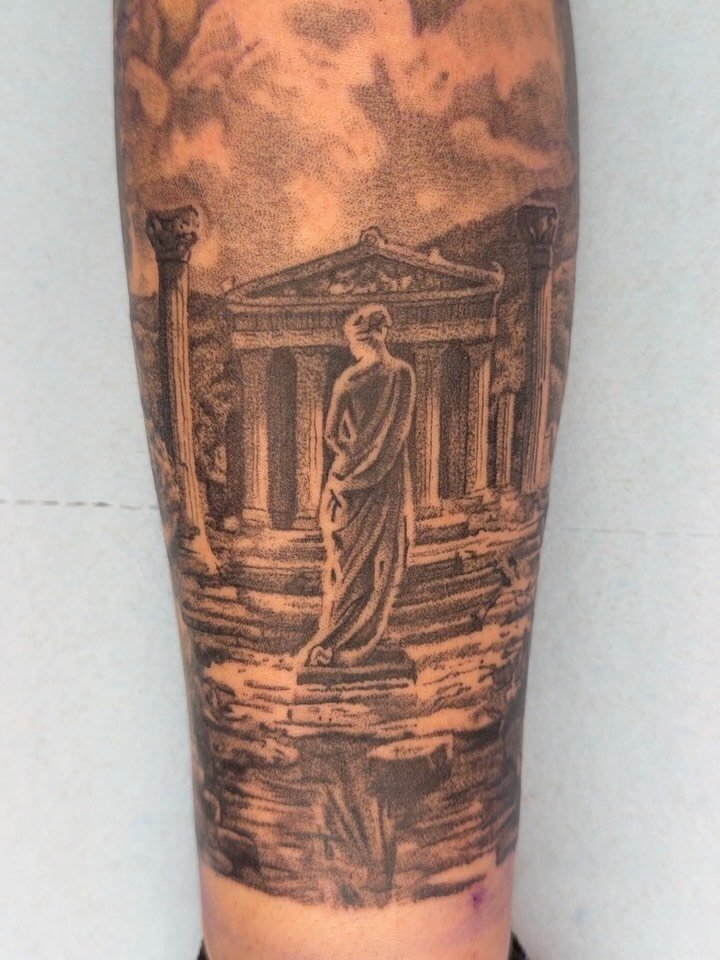 A stippled Greek garden for Anastacia!
Really loving how this whole sleeve is coming along. 
.
Really enjoying this style, would love to keep doing some stuff like this. Heals great and has fantastic texture. Bring on the ideas!
.
Booking now through