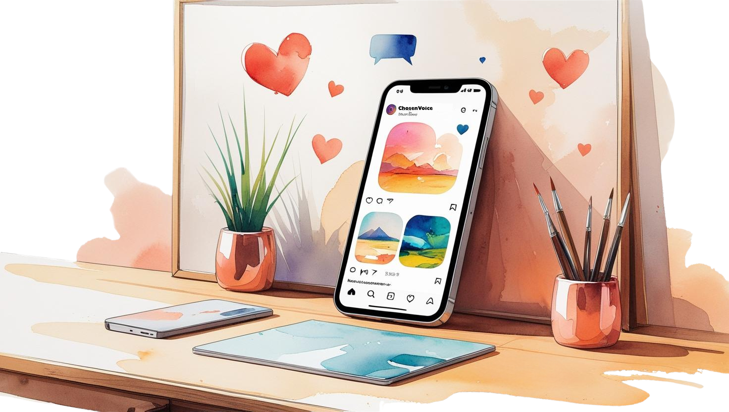 Illustration of a creative desk with tablet, smartphone, and notebooks—capturing social media content creation and visual planning for small businesses on Long Island and in Tel Aviv.