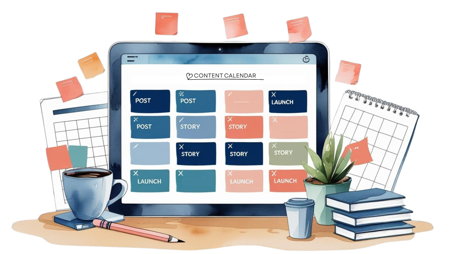 Illustration of a digital content calendar on a desktop, surrounded by notebooks, sticky notes, and coffee—depicting content calendar creation and management for small businesses in New York and Tel Aviv.