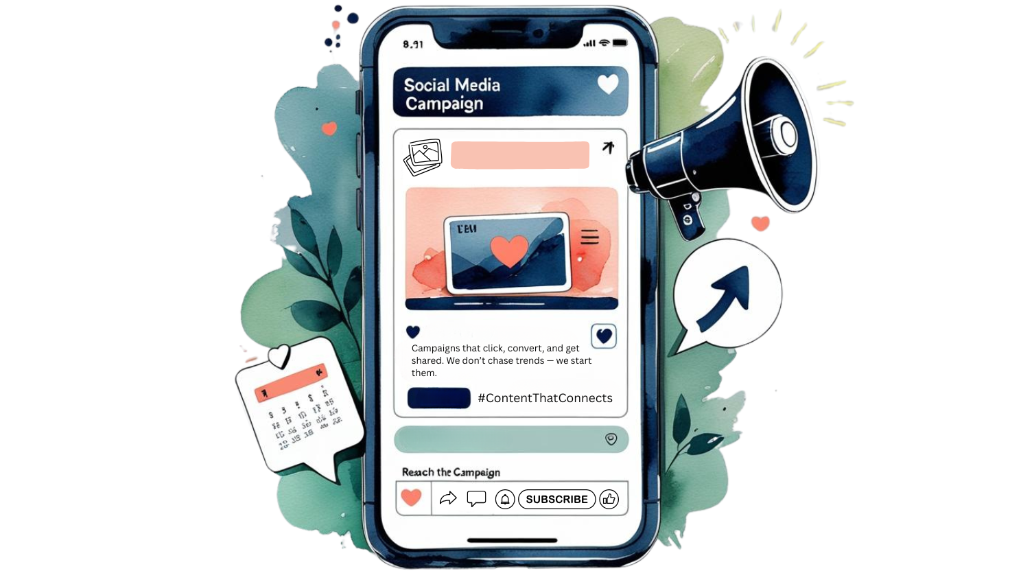 Illustration of smartphone with social media campaign app, surrounded by calendar, megaphone, and speech bubble icons—visualizing cross-platform content scheduling and campaign strategy for businesses on Long Island, the greater NY area and Tel Aviv.