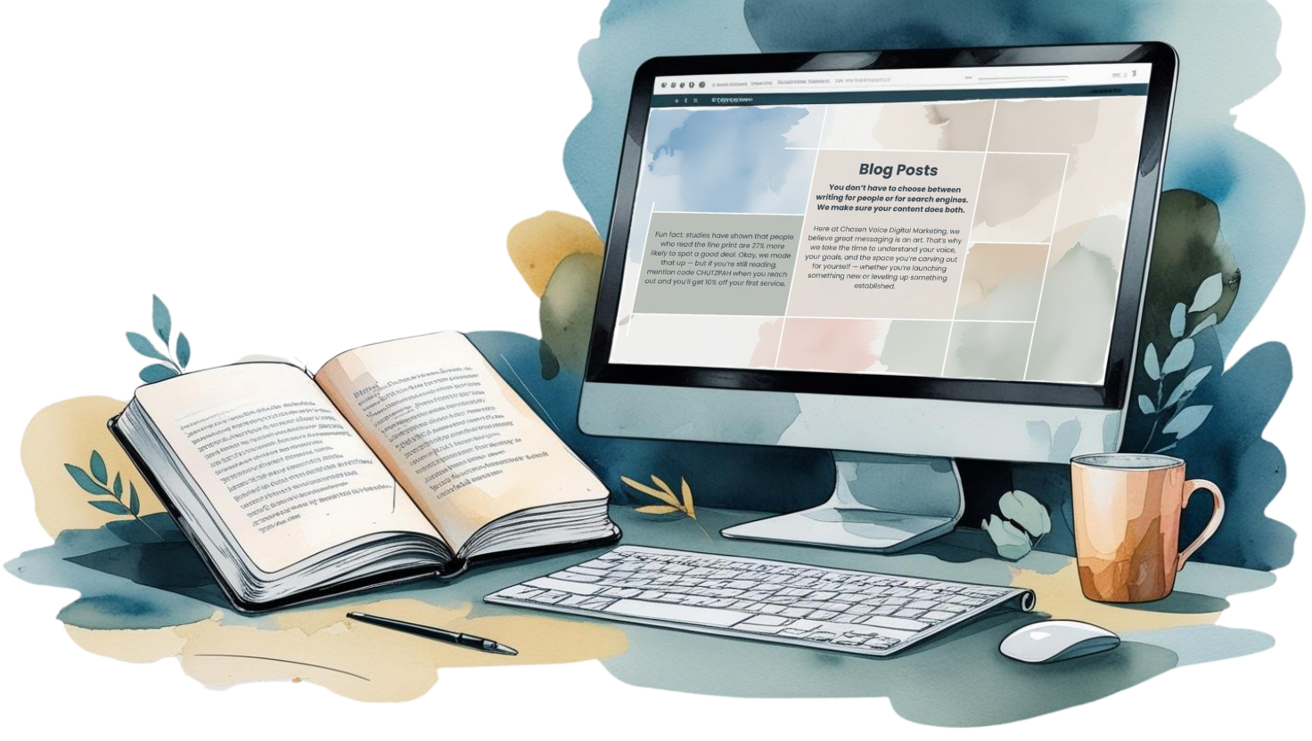 Illustration of a content marketing workspace with a blog post on screen—depicting blog writing and SEO content creation for businesses in New York and Tel Aviv.