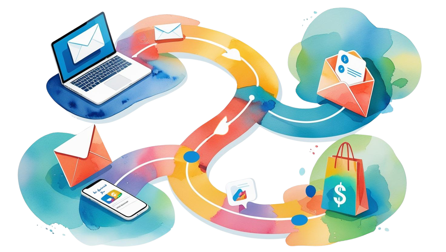 Colorful illustration of a flowchart with laptop, smartphone, email, and shopping bag icons—depicting customer journey mapping and digital touchpoints for businesses in New York and Tel Aviv.