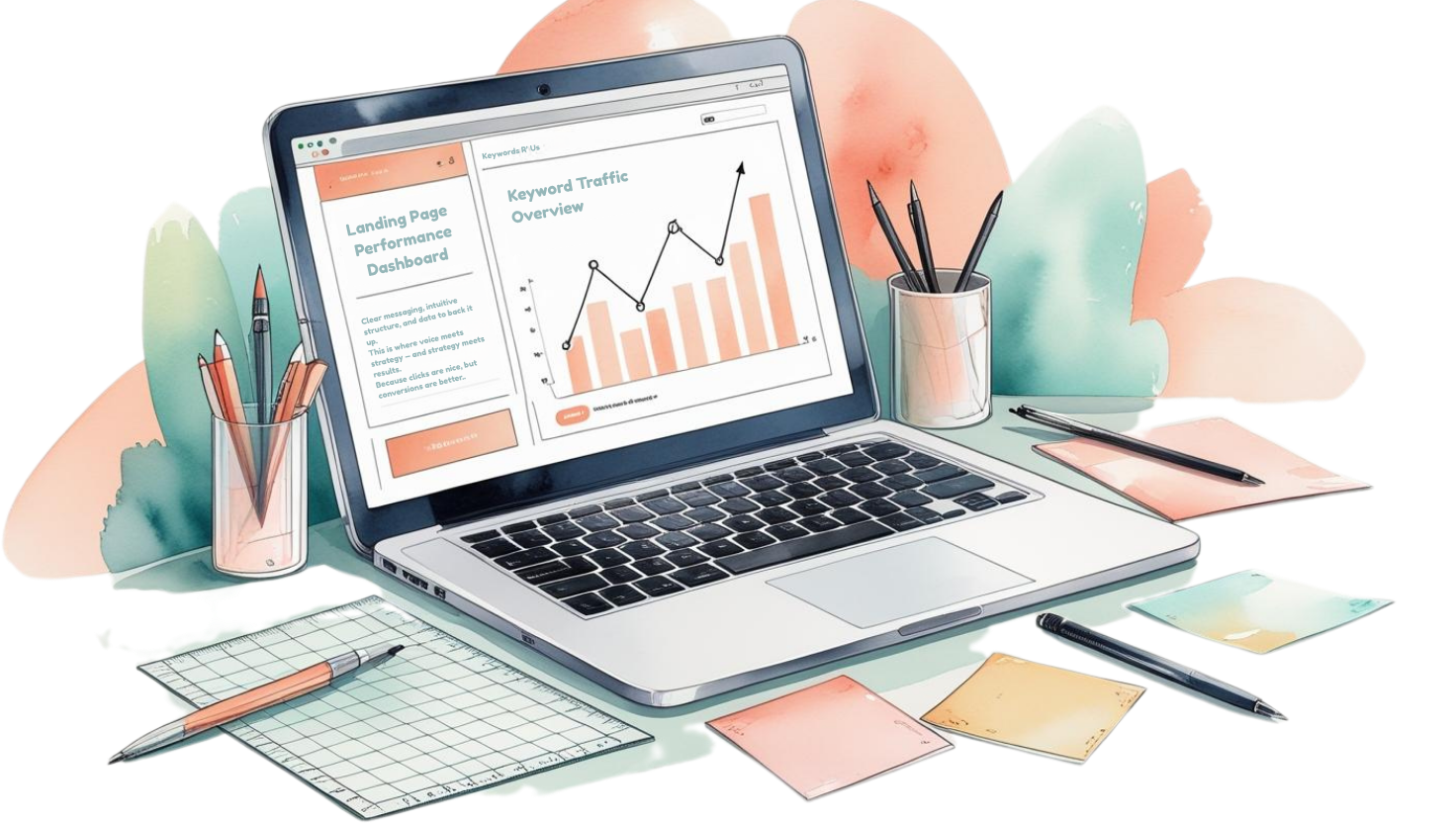 Illustration of laptop displaying marketing analytics graphs, with desk accessories—representing landing page performance tracking and SEO optimization services for businesses across New York and Tel Aviv.