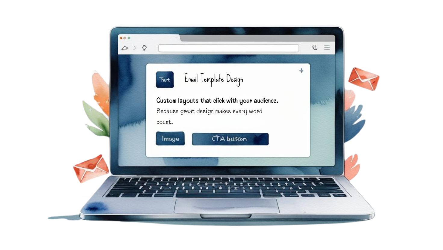 Illustration of laptop displaying a custom-designed email template, surrounded by floral and envelope icons—representing branded email template design for small businesses on Long Island and in Tel Aviv.