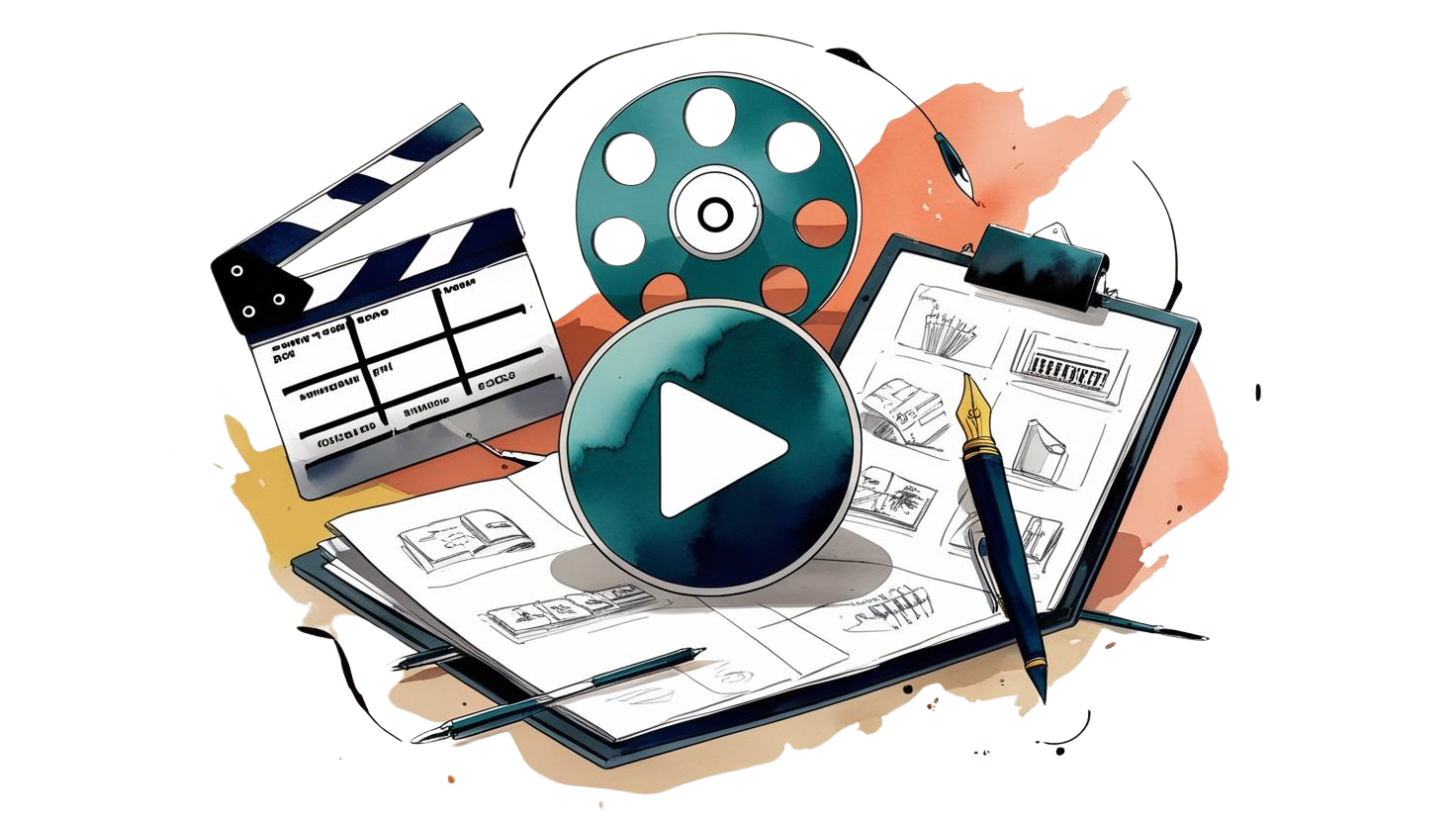 Illustration of film production tools like clapperboard, screenplay, and tablet with sketches—representing video editing and scriptwriting services for brands in New York and Tel Aviv.