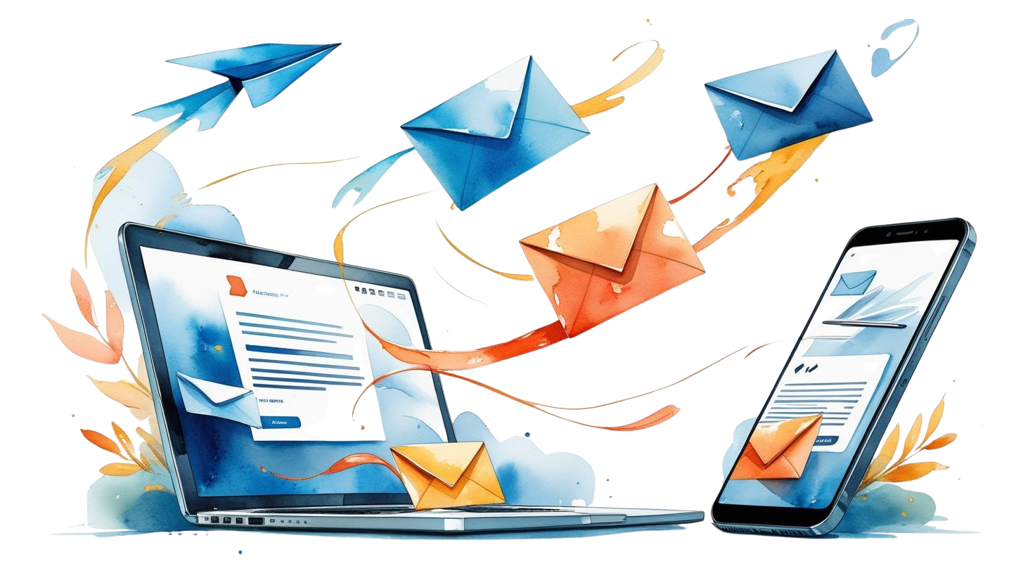 Illustration of laptop and smartphone with flying email icons—depicting targeted email marketing campaign strategy for businesses on Long Island and in Tel Aviv.