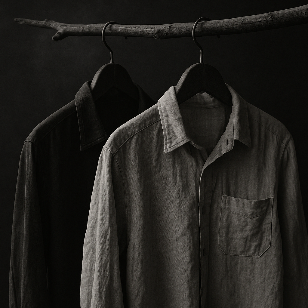 Two button-up shirts hanging on wooden hangers from a horizontal wooden branch against a dark background, one in light color and one in dark color.
