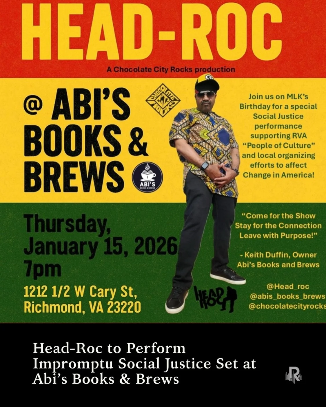 Chocolate City&rsquo;s own, and Richmond ally, Head-Roc will perform for social justice tonight, January 15, at Abi&rsquo;s Books &amp; Brews.

Read more at TheRichmondSeen.com. 🔗 

🗞️

Support Local.
Stay On Scene.