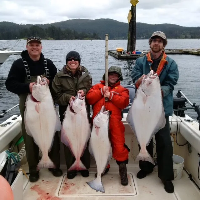 Four people on a boat holding large flatfish, likely halibut, with a lake and cloudy sky in the background.