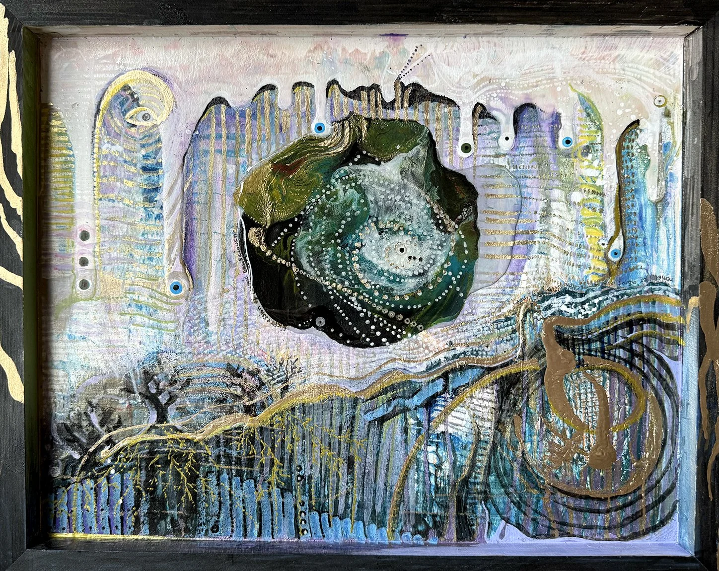 "Moon" 2023 - acrylic paint, pencil, resin, on wooden panel - 11"x14"